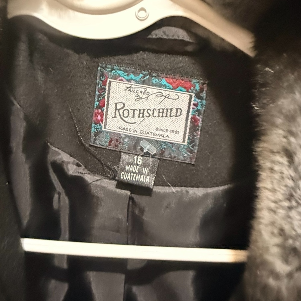 Vintage Rothschild Black Winter dress Pea Coat with Gray Fur Trim - Picture 2 of 11